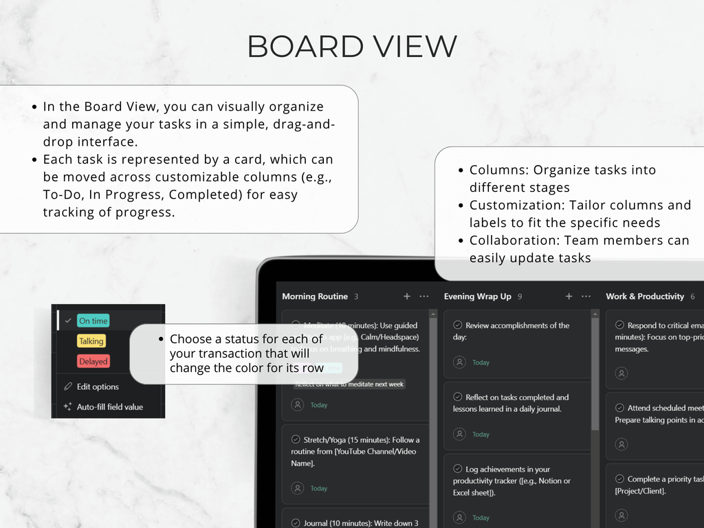 Screenshot of a digital task management app with Board View interface on a white background.