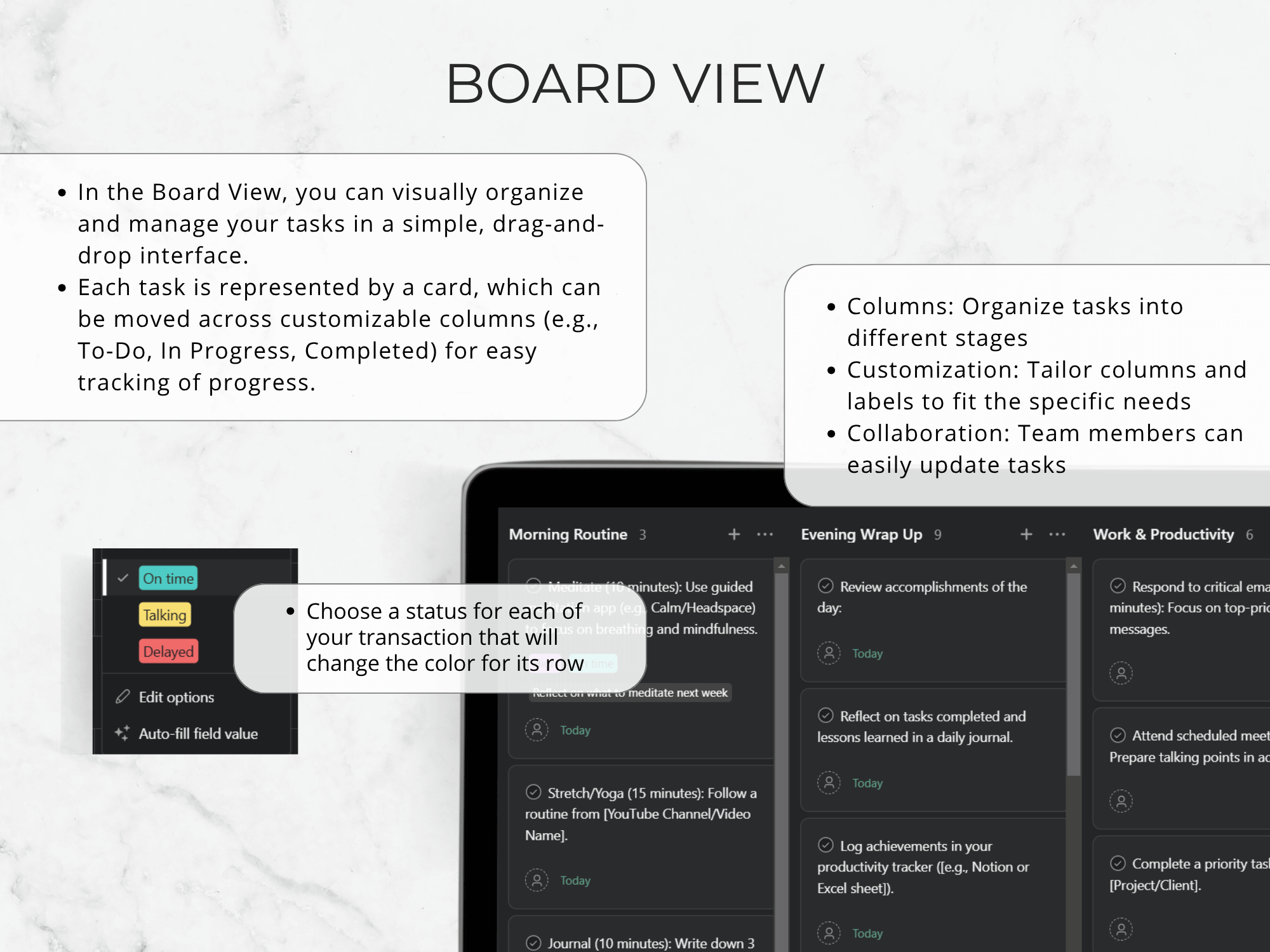 Screenshot of a digital task management app with Board View interface on a white background.