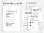 Pages from a game book with various activities on a marble background