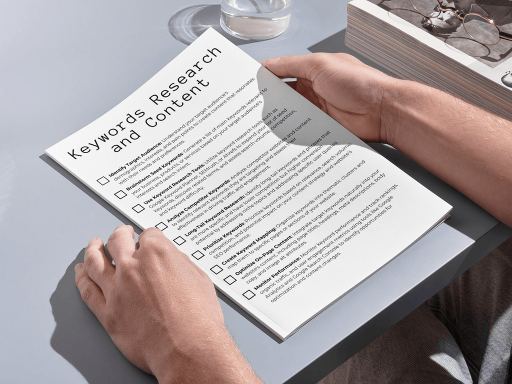Person holding a document titled 'Keywords Research and Content' on a desk.