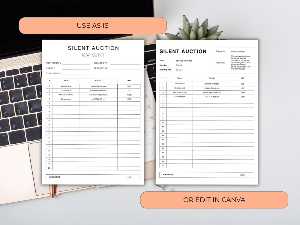 Two silent auction sheet templates on a desk with a laptop and plant.