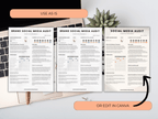 Three pages of a brand social media audit document on a desk with a laptop and plant.