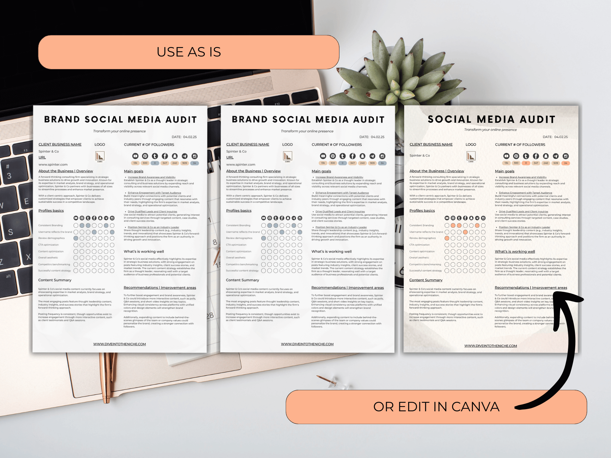 Three pages of a brand social media audit document on a desk with a laptop and plant.