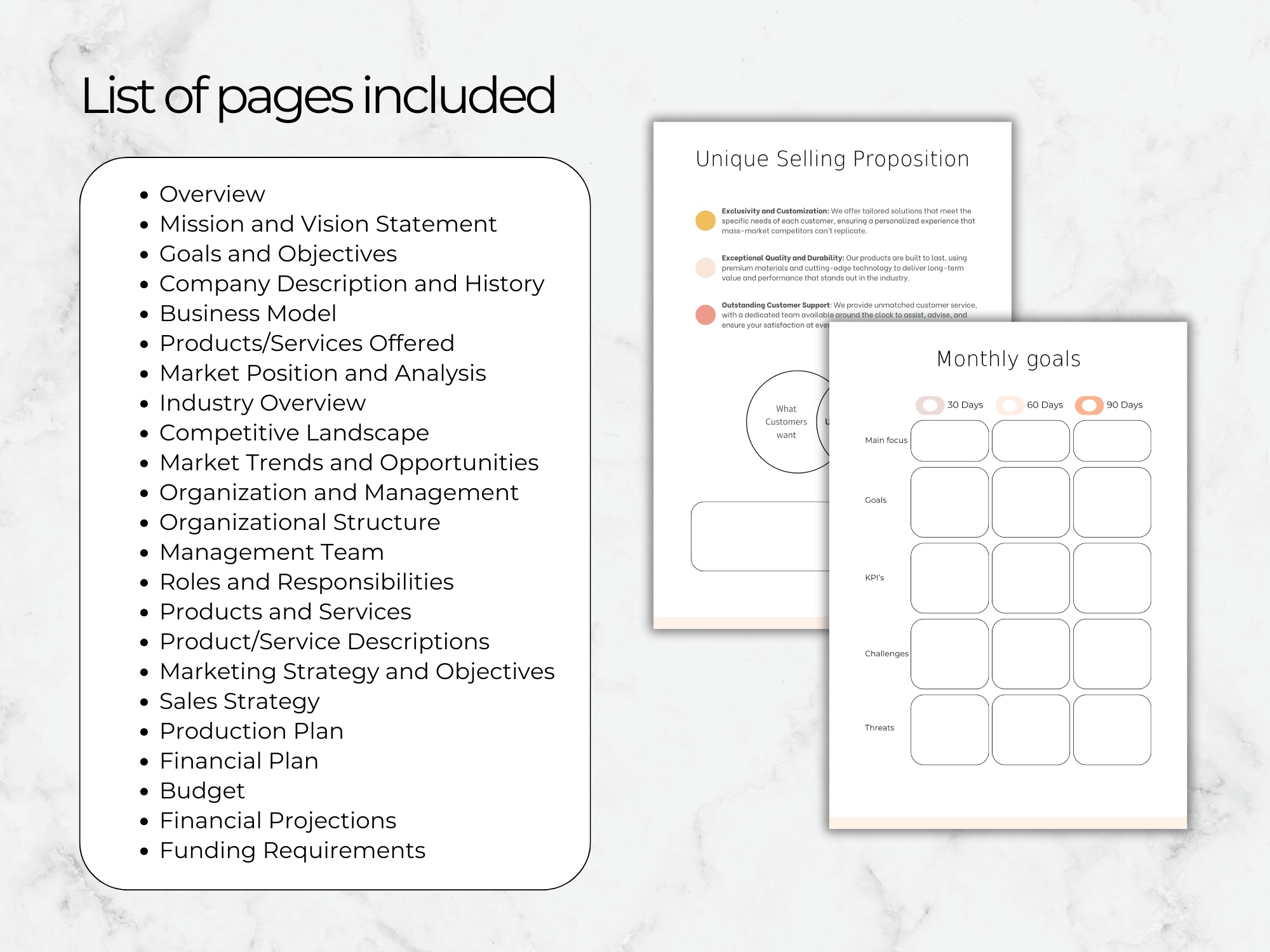 List of pages included in a business plan template with sample pages displayed on a marble background.