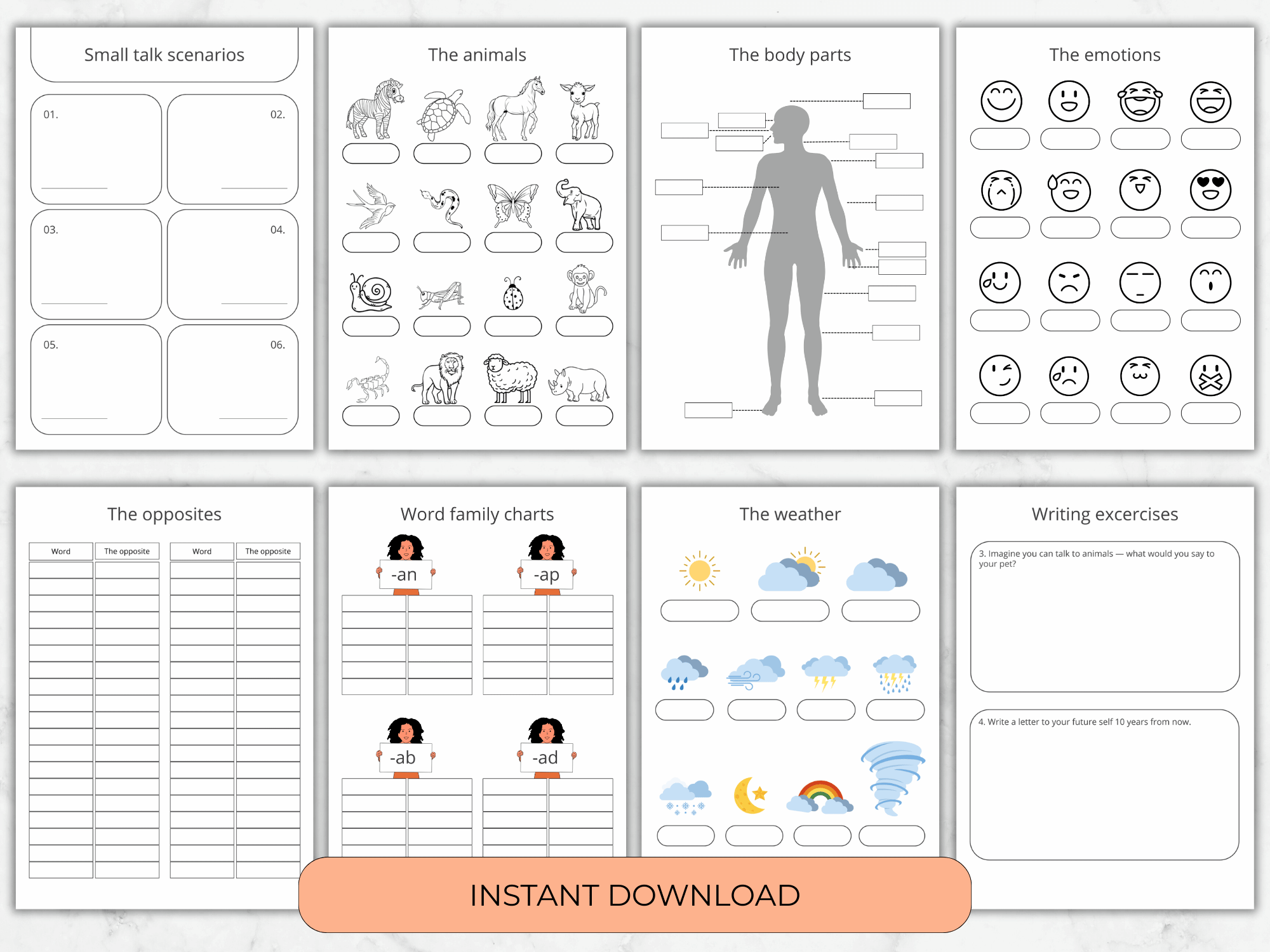 Educational worksheets on a white background with text 'INSTANT DOWNLOAD'.