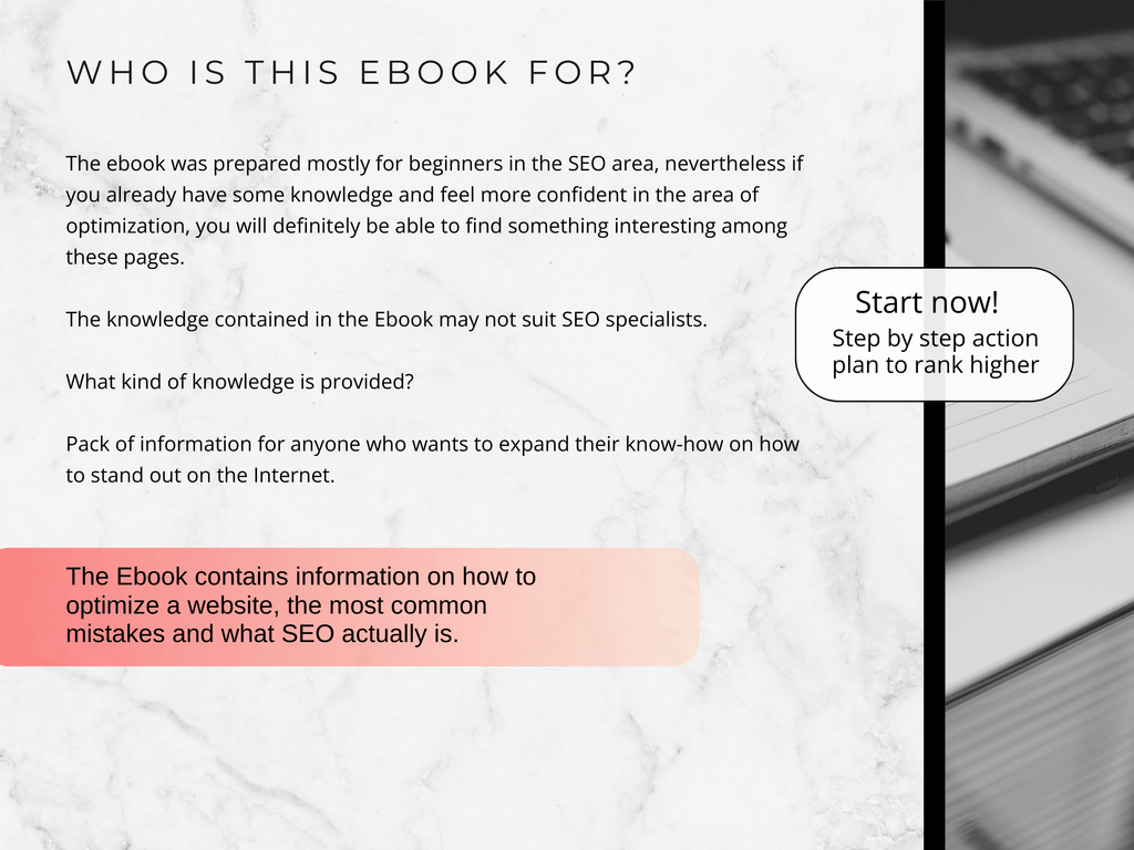 Promotional text for an SEO ebook on a white background with a laptop.