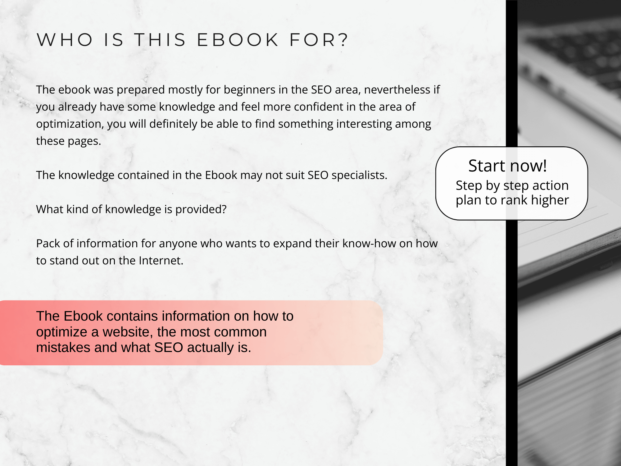 Promotional text for an SEO ebook on a white background with a laptop.