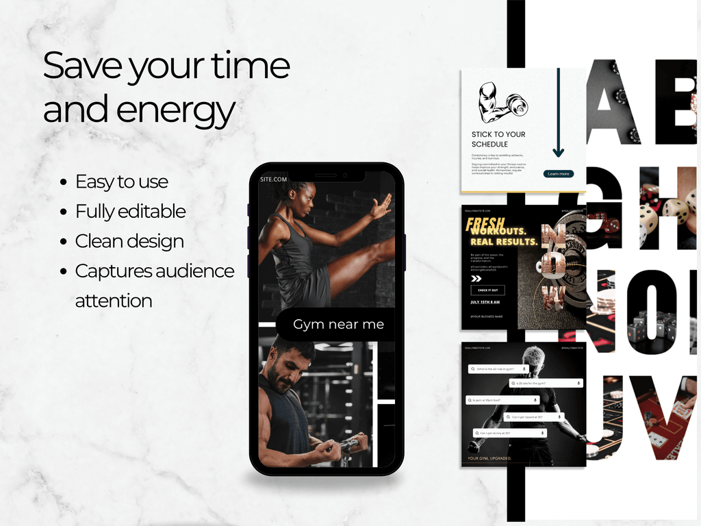 Promotional graphic for a gym locator app with text and images of people exercising.