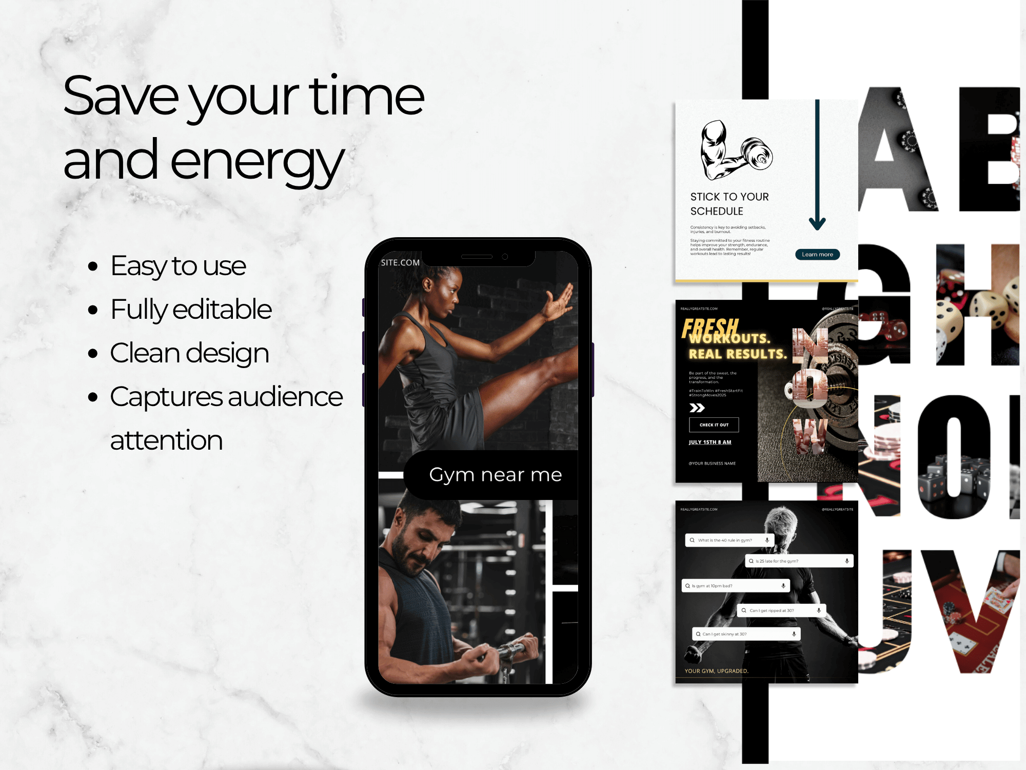 Promotional graphic for a gym locator app with text and images of people exercising.