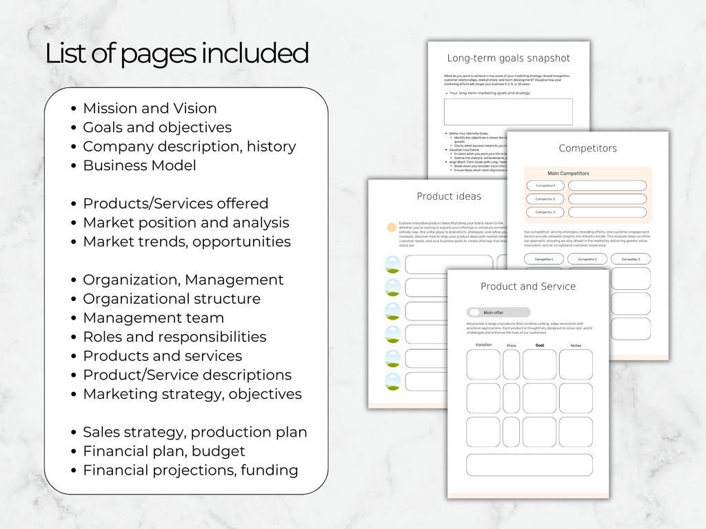 List of pages included in a business plan with templates on a marble background