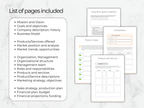 List of pages included in a business plan with templates on a marble background