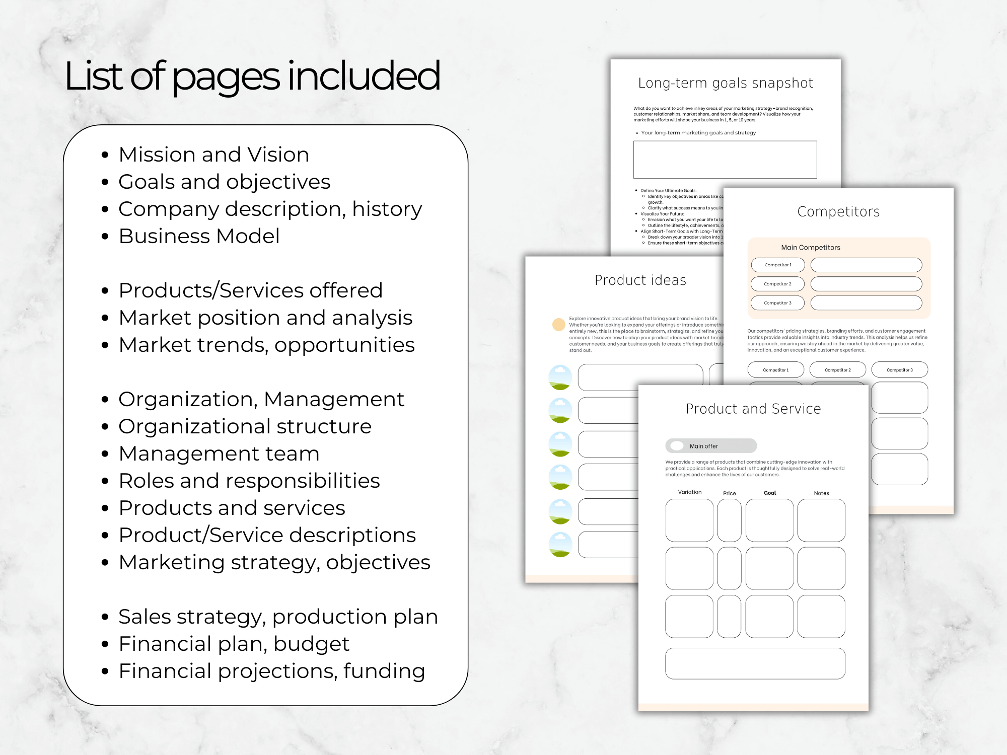 List of pages included in a business plan with templates on a marble background