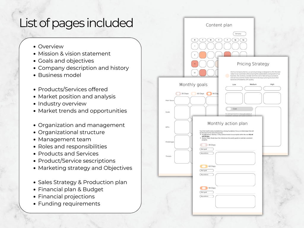 List of pages included in a business plan template with sample pages displayed on a marble background.