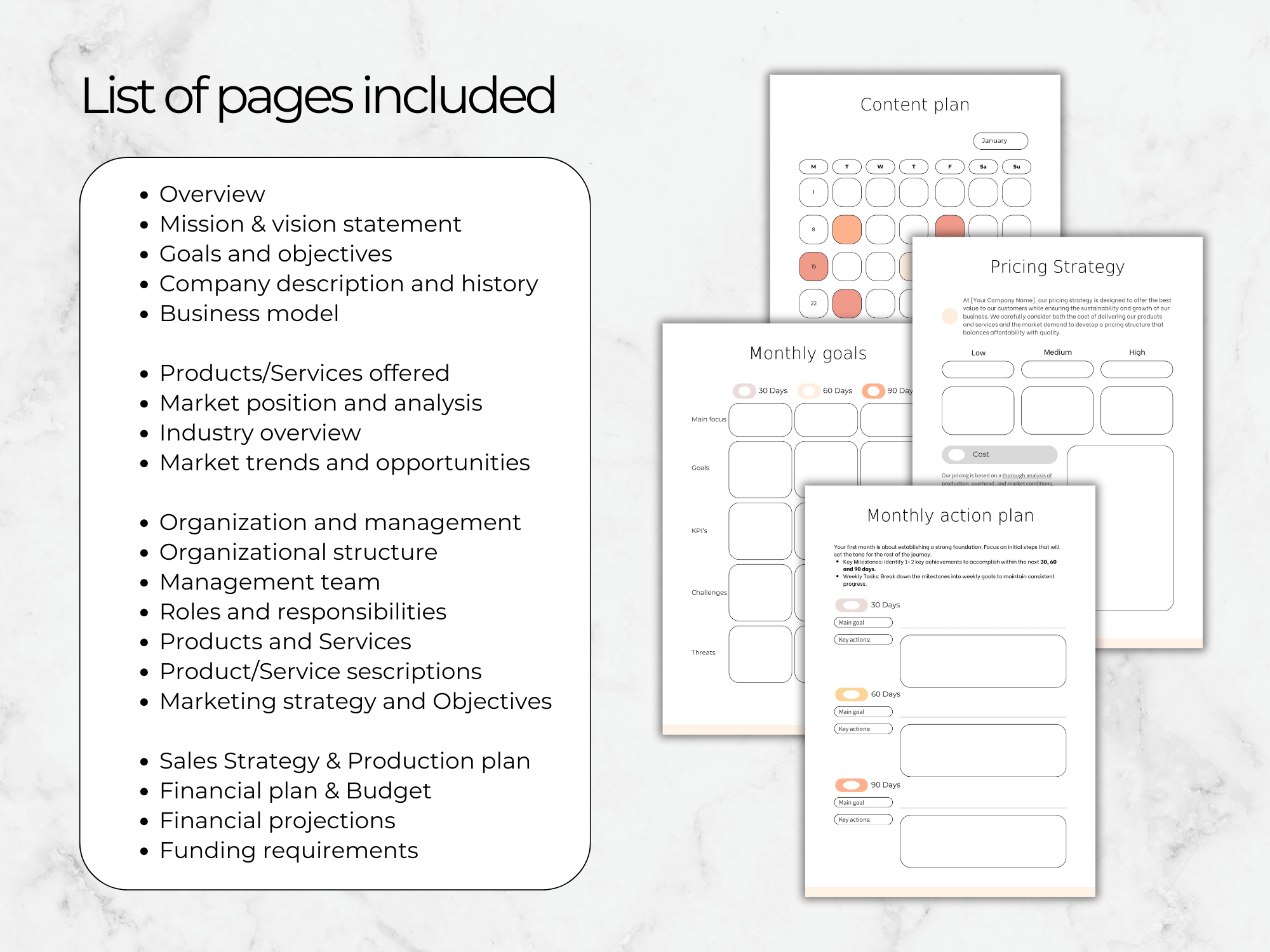 List of pages included in a business plan template with sample pages displayed on a marble background.