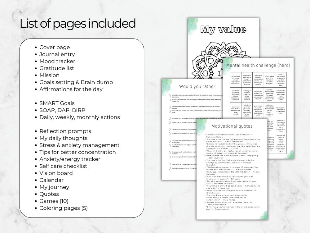 List of pages included in a self-care journal on a marble background