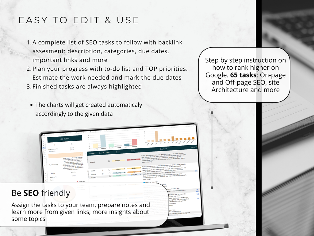 Laptop screen displaying an SEO task management tool with text on a white background
