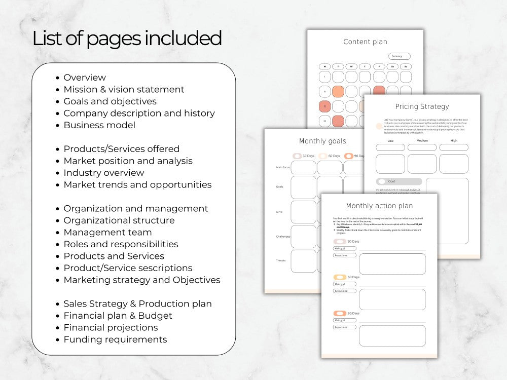 Pages of a business plan template on a marble surface with text outlining included sections.