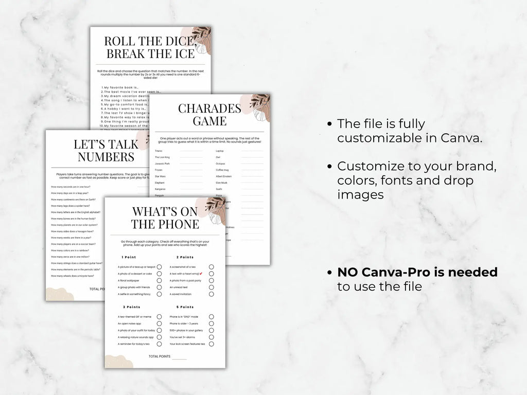 Four printable game and activity sheets arranged on a light marble background with marketing text on the right. The sheets include titles such as 'Roll the Dice, Break the Ice,' 'Let's Talk Numbers,' 'Charades Game,' and 'What's on the Phone.