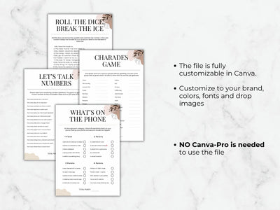 Four printable game and activity sheets arranged on a light marble background with marketing text on the right. The sheets include titles such as 'Roll the Dice, Break the Ice,' 'Let's Talk Numbers,' 'Charades Game,' and 'What's on the Phone.