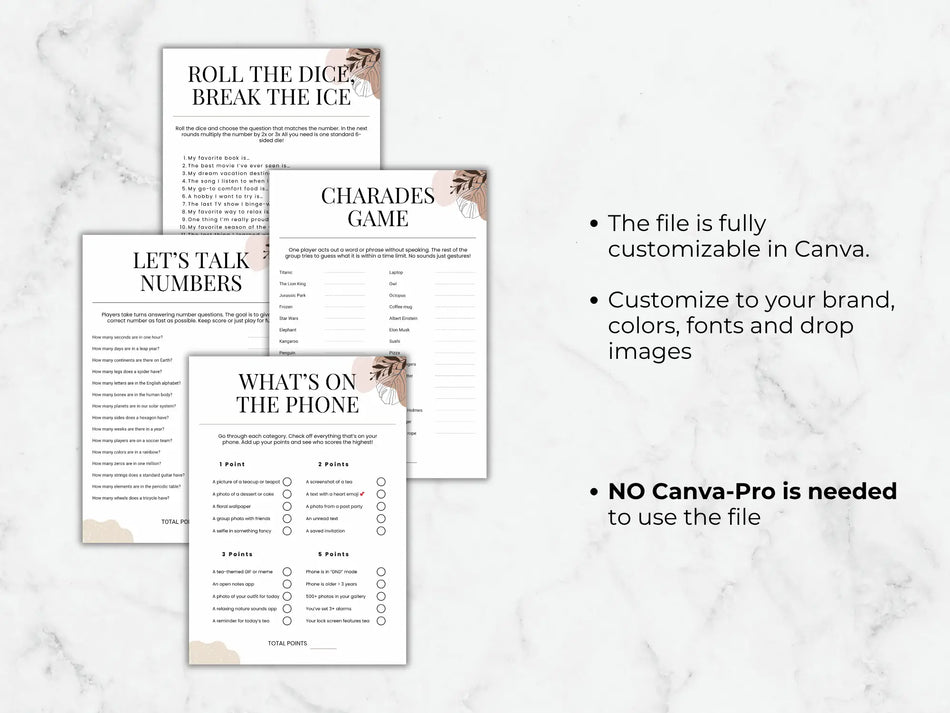 Four printable game and activity sheets arranged on a light marble background with marketing text on the right. The sheets include titles such as 'Roll the Dice, Break the Ice,' 'Let's Talk Numbers,' 'Charades Game,' and 'What's on the Phone.