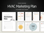 A promotional graphic for a 58-page HVAC marketing plan template, showcasing various interior pages like SWOT analysis, competitors, and financial perspectives