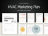 A promotional graphic for a 58-page HVAC marketing plan template, showcasing various interior pages like SWOT analysis, competitors, and financial perspectives