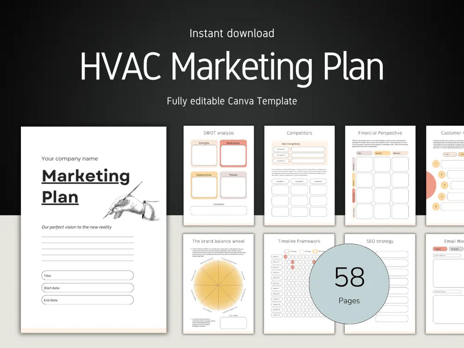 A promotional graphic for a 58-page HVAC marketing plan template, showcasing various interior pages like SWOT analysis, competitors, and financial perspectives