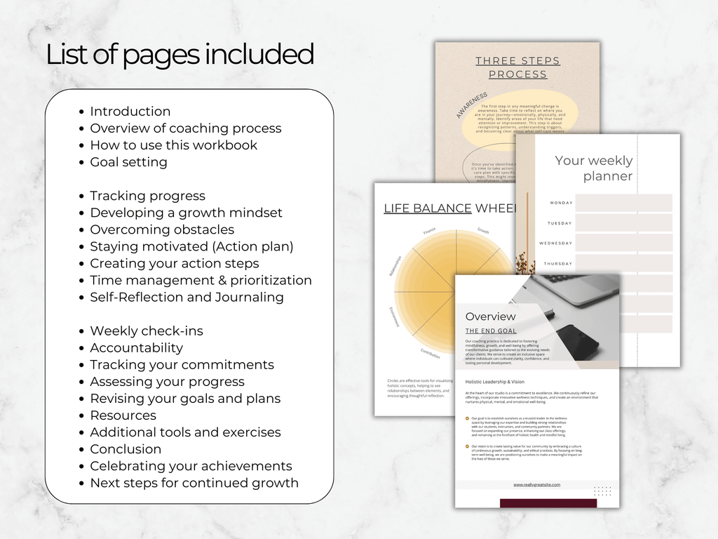 Workbook pages on a marble surface with text outlining included content.