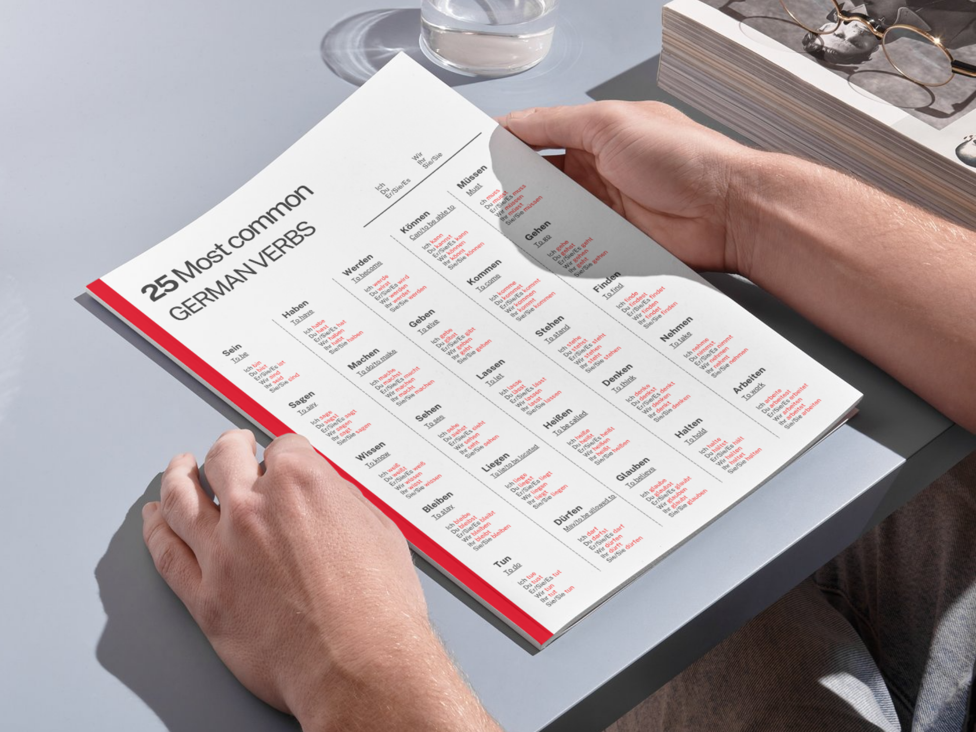 Person holding a book open to a page with German verb conjugations.