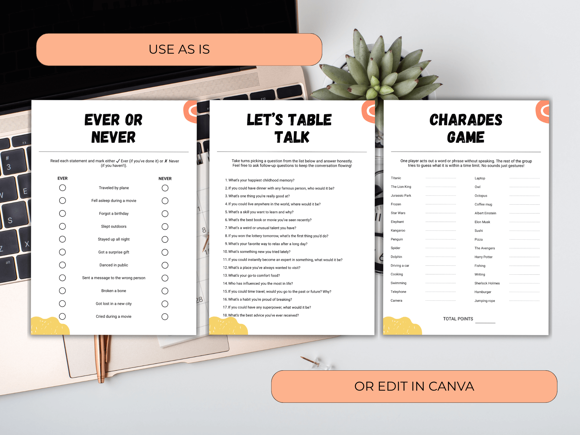 Three game sheets titled 'Ever or Never', 'Let's Table Talk', and 'Charades Game' on a desk with a laptop and plant.