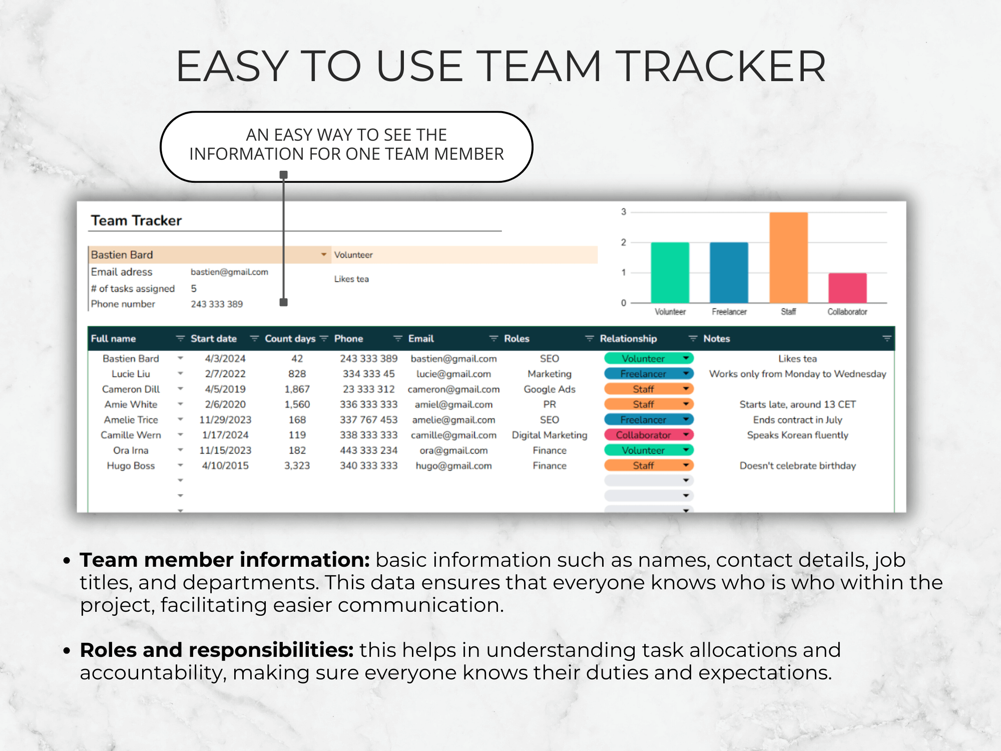 Team Tracker software interface with team member information and roles displayed on a light gray background.