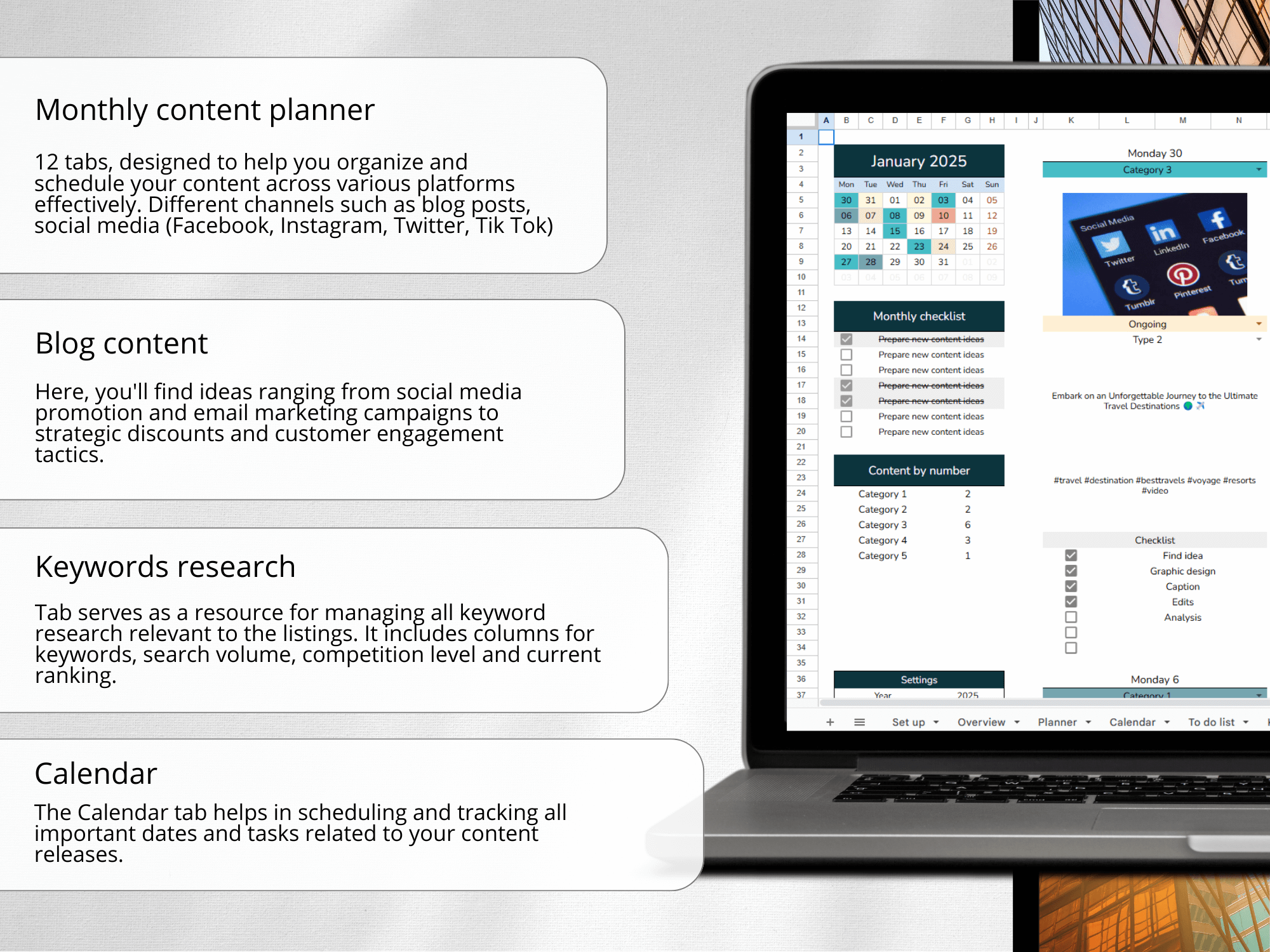 Computer screen displaying a content planner with calendar and keyword research features, on a desk.