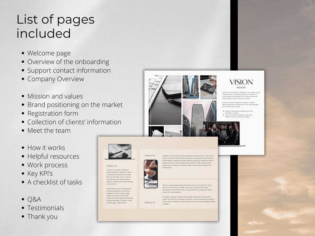 Onboarding document with sections like welcome page, overview, contact information, and more.