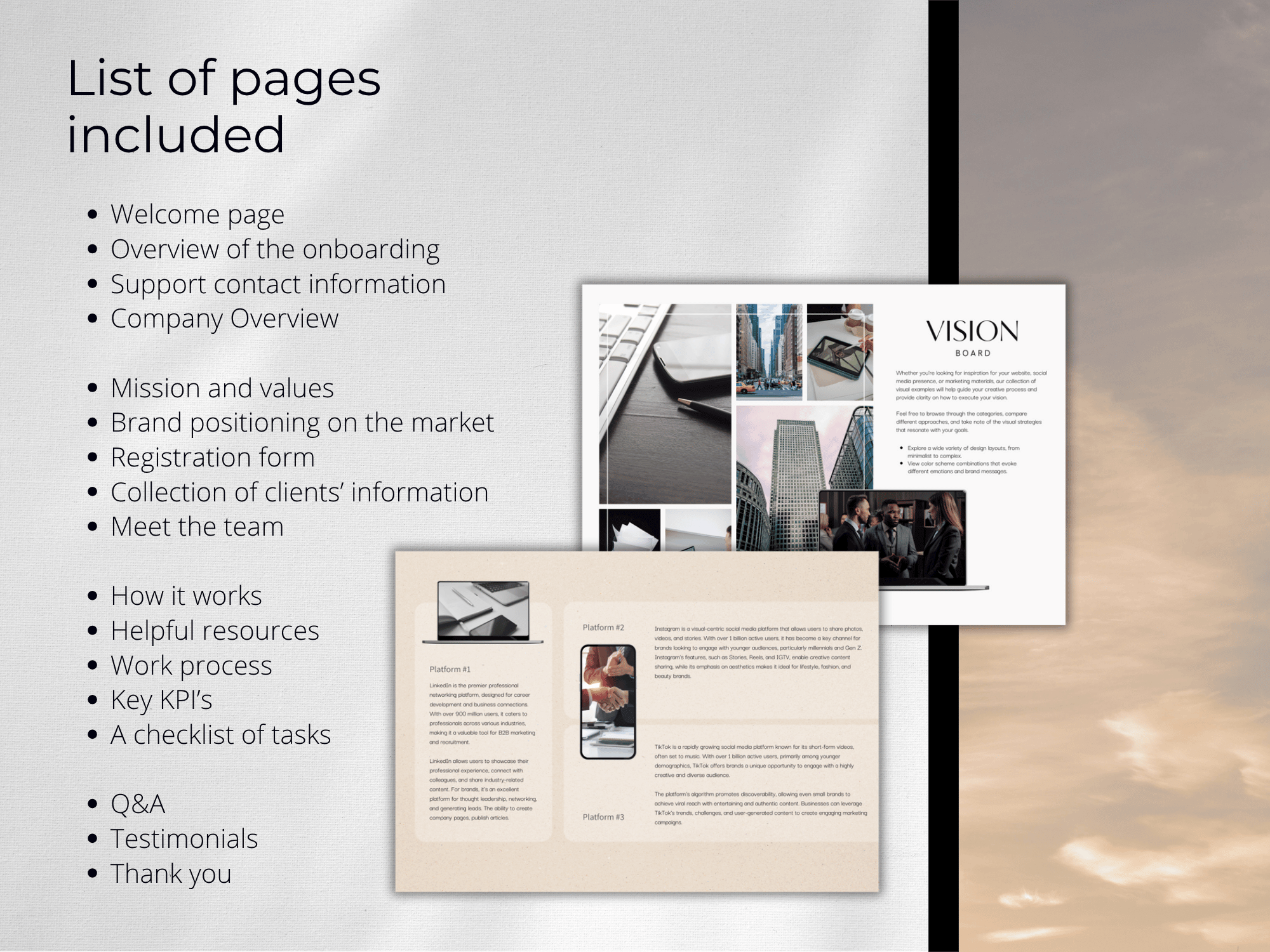 Onboarding document with sections like welcome page, overview, contact information, and more.