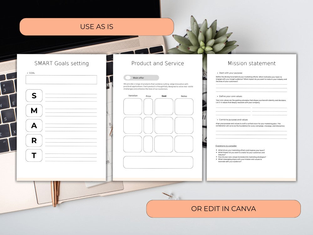Product design document with sections for SMART goals, product/service details, and mission statement on a desk.