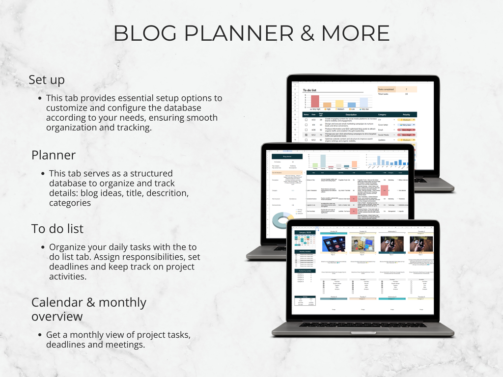 Laptops displaying a blog planner interface with text on a white background