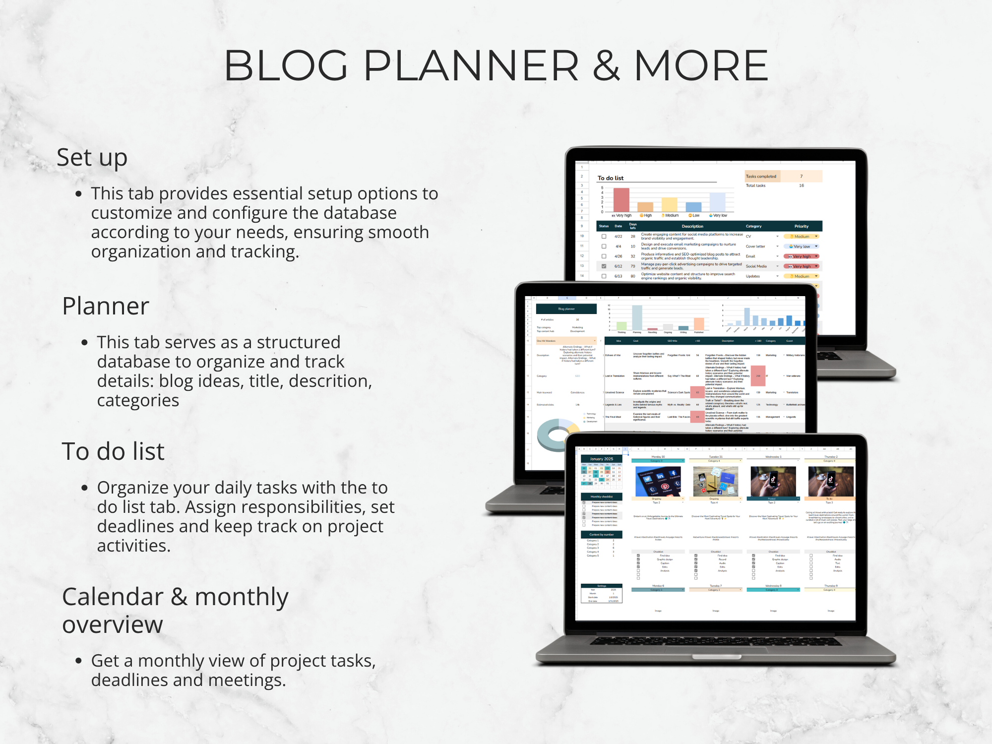 Laptops displaying a blog planner interface with text on a white background