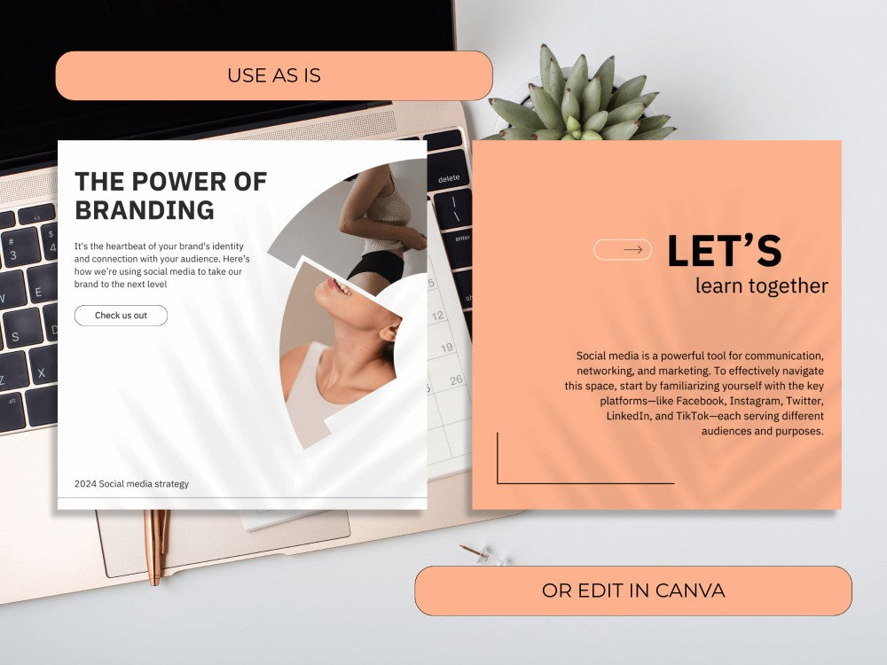 Design elements for branding with text and images on a desk setup.