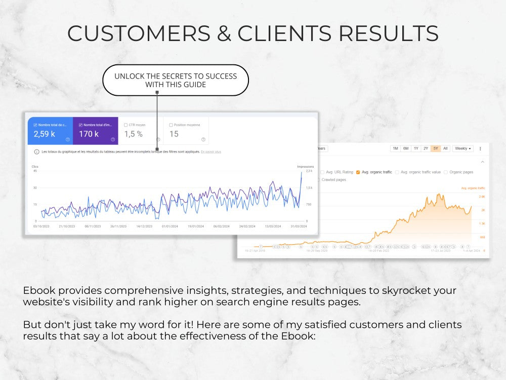 Promotional graphic for an ebook on website visibility with graphs and text on a light gray background.