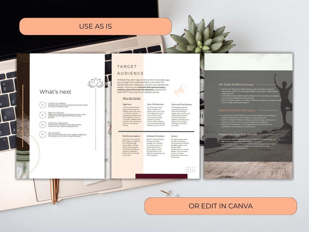 Canva design templates displayed on a desk with text options to use as is or edit.