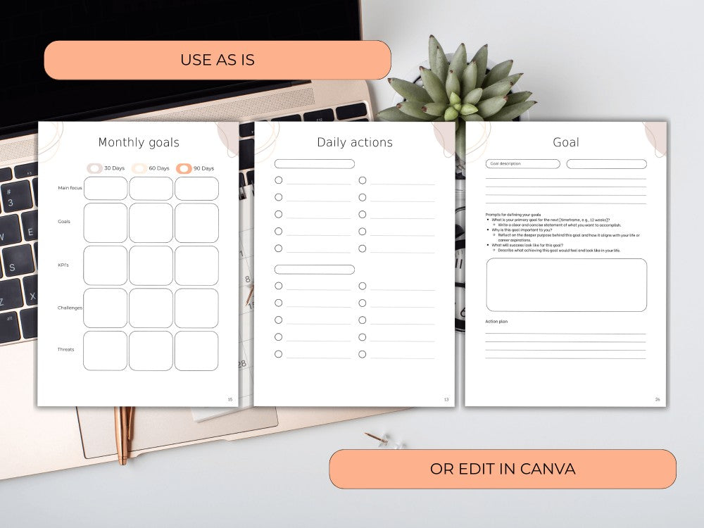 Planner sheets with goal-setting and task-listing sections on a desk with a laptop and plant.
