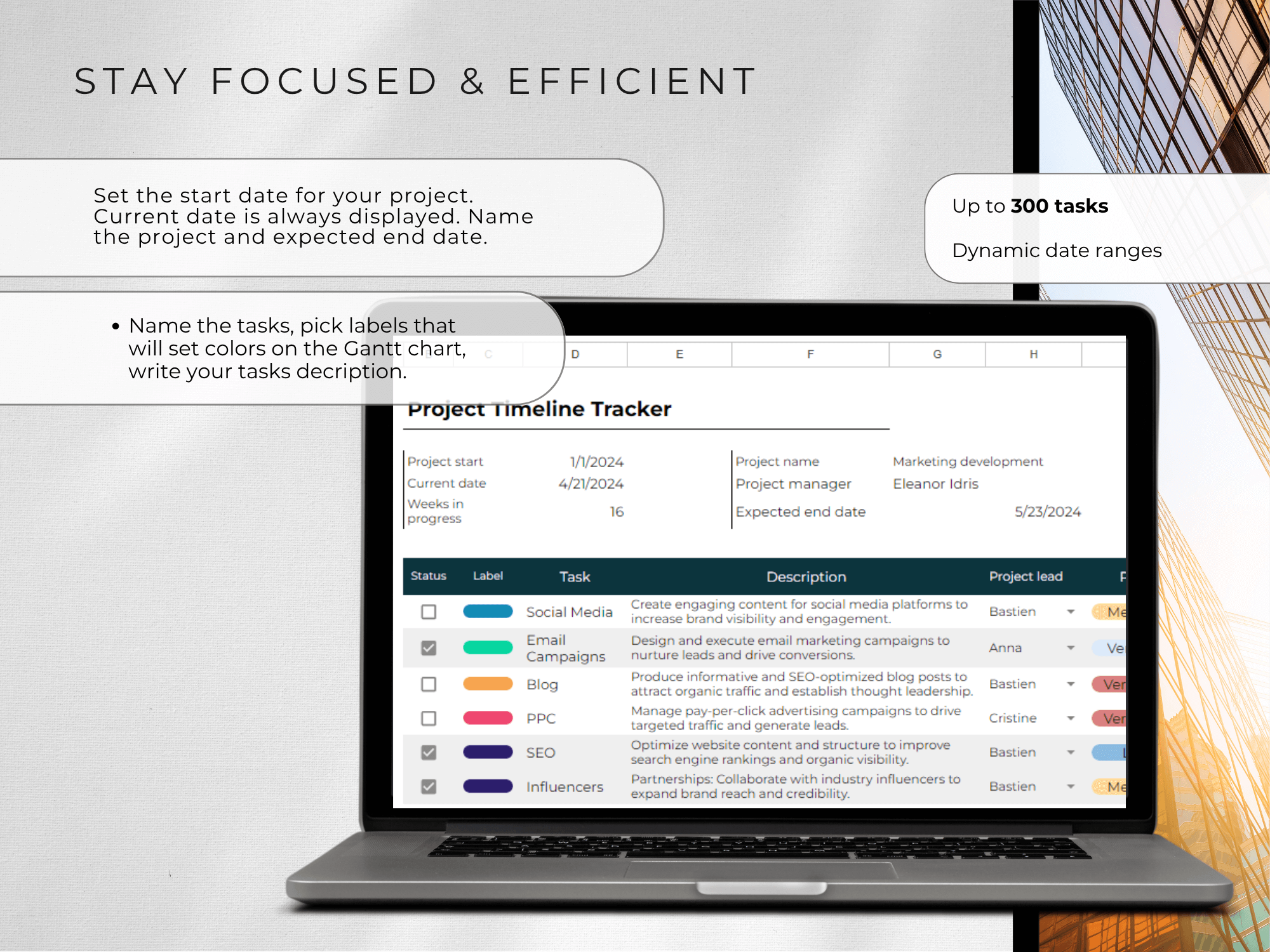 Laptop displaying a project timeline tracker with a focus on efficiency and organization.