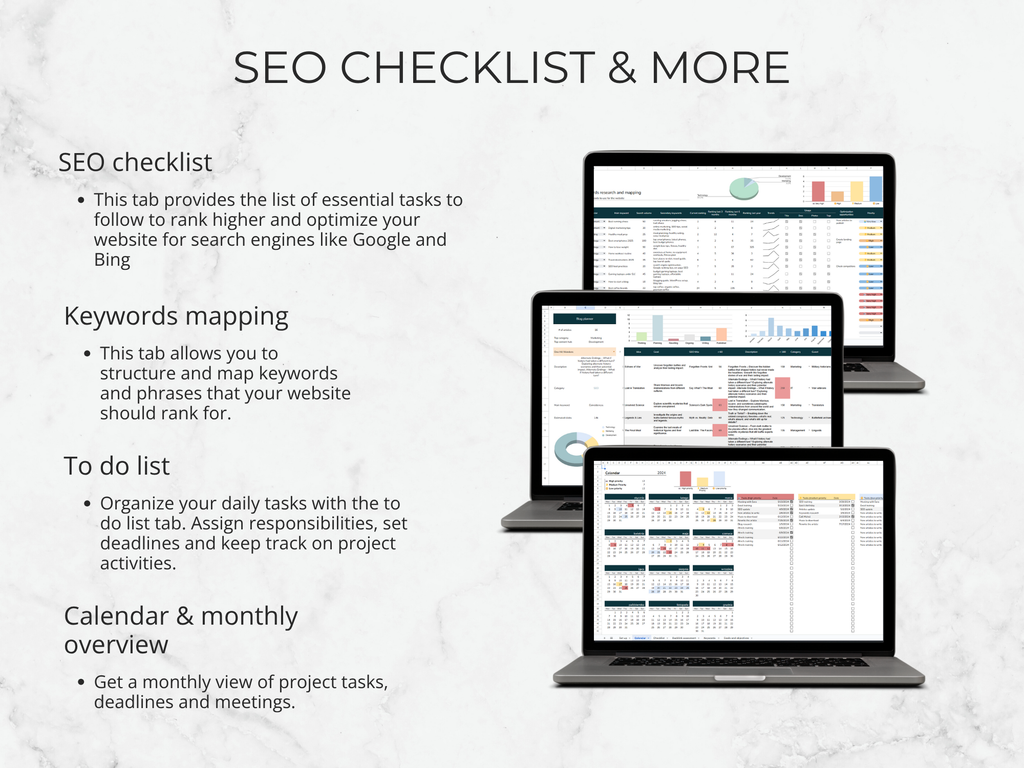 SEO checklist with multiple computer screens displaying different tools on a light gray background.
