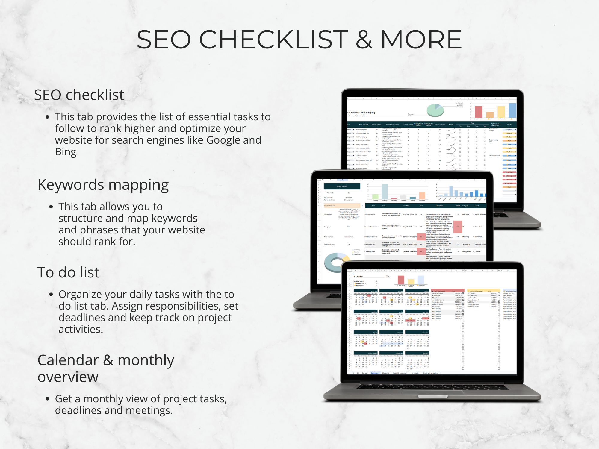 SEO checklist with multiple computer screens displaying different tools on a light gray background.