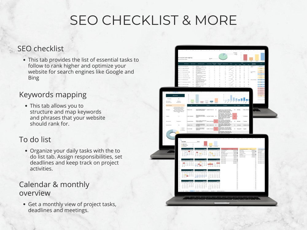 Multiple devices displaying SEO checklist and related features on a light gray background