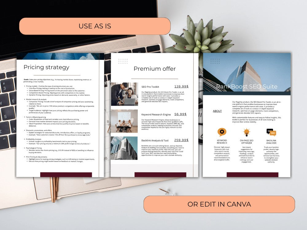 Three pages of a brochure or report on a desk with a laptop, plant, and pen.