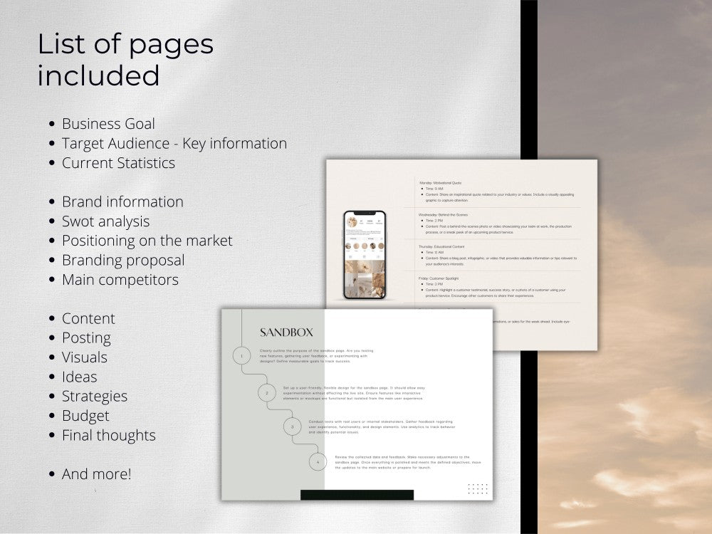 Pages of a branding proposal with text and smartphone image on a blurred background