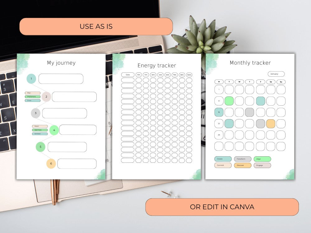 Three planner tracker sheets displayed on a desk with text options.