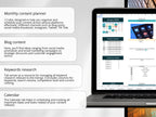 Computer screen displaying a content planner with calendar and keyword research features, surrounded by text descriptions.