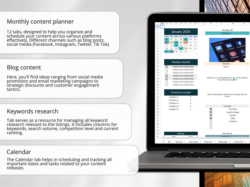 Computer screen displaying a content planner with calendar and keyword research features, surrounded by text descriptions.